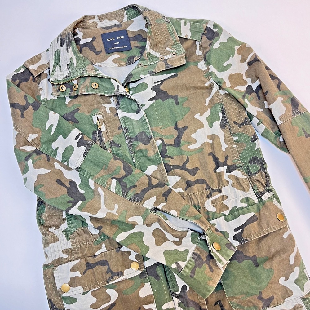 Love‎ Tree Military Jacket Large Camouflage Full Zip Snap Pocket